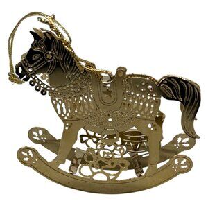 Christmas gold thin metal rocking horse ornament toy drum bear 2.75x2.5" READ